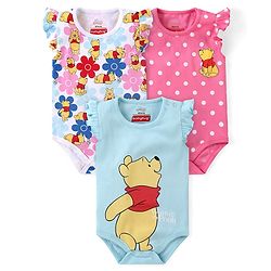 Babyhug Disney Cotton Knit Frill Sleeves Onesies with Winnie The Pooh Graphics Pack Of 3 - Multicolour