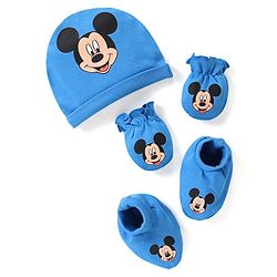 Babyhug Disney Cotton Cap Mittens & Booties Set With Mickey Mouse Graphics - Blue