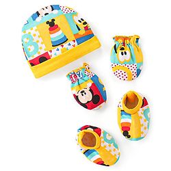 Babyhug Disney  Cap Mitten & Booties With Mickey Mouse All Over Print- Yellow