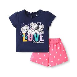 Babyhug Disney Single Jersey Knit Half Sleeves Shorts Night Suit with 101 Dalmatian Graphics - Navy Blue & Pink