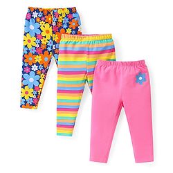 Babyhug Cotton Knit  Full Length  Leggings with Striped and Floral Print Pack of 3 - Multicolour