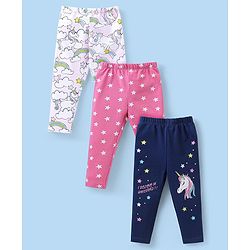 Babyhug Cotton Knit Full Length Leggings with Star &  Unicorn Print Pack of 3 - Multicolour