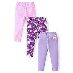 Babyhug Cotton Knit Full Length Leggings with Polka Dots & Unicorn Print Pack of 3 - Multicolour