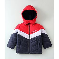 Babyhug Woven Full Sleeves Jacket with Removable Hoods - Red & Navy