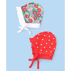 Babyhug 100% Cotton Knit Floral & Polka Dots Printed Caps with Knot Pack of 2 - Red & White