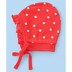 Babyhug 100% Cotton Knit Floral & Polka Dots Printed Caps with Knot Pack of 2 - Red & White