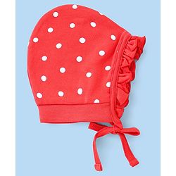 Babyhug 100% Cotton Knit Floral & Polka Dots Printed Caps with Knot Pack of 2 - Red & White