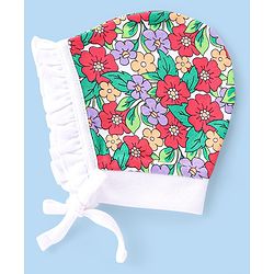 Babyhug 100% Cotton Knit Floral & Polka Dots Printed Caps with Knot Pack of 2 - Red & White