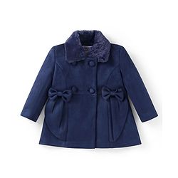 Babyhug Woven Full Sleeves Solid Colour Winter Overcoat With Bow Applique - Navy Blue