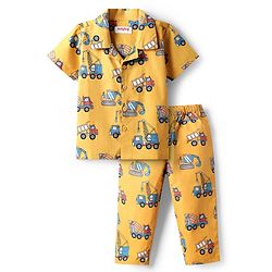Babyhug Cotton Knit Half Sleeves Collar Neck Night Suit with Teddy Print - Yellow