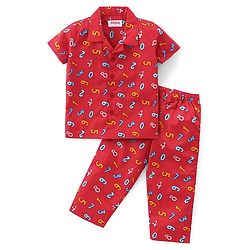 Babyhug Cotton Woven Half Sleeves Collar Neck Night Suit with Numeric Print - Red