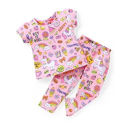 Babyhug Single  Jersey Knit Half Sleeves Night Suit with Ice Cream & Unicorn Print - Pink