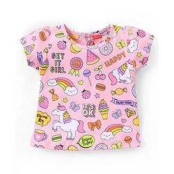 Babyhug Single  Jersey Knit Half Sleeves Night Suit with Ice Cream & Unicorn Print - Pink