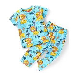 Babyhug Single Jersey Knit  Half Sleeves Night Suit with Lion Print - Blue