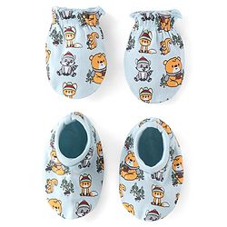 Babyhug 100% Cotton Mittens & Booties Set Animal Print - Blue