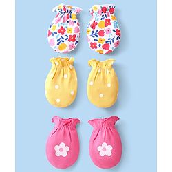 Babyhug 100% Cotton Knit Floral & Polka Dots Printed Mittens Pack of 3 - White Yellow & Pink