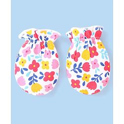 Babyhug 100% Cotton Knit Floral & Polka Dots Printed Mittens Pack of 3 - White Yellow & Pink