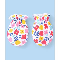 Babyhug 100% Cotton Knit Floral & Polka Dots Printed Mittens Pack of 3 - White Yellow & Pink