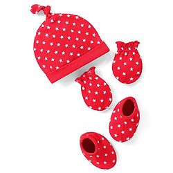 Babyhug 100% Cotton Cap Mittens & Booties Set Star Print - Red