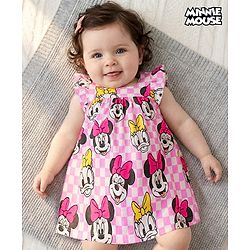 Babyhug Disney Cotton Jersey Knit Frill Sleeves Frock with Bloomer Minnie Mouse Print- Pink