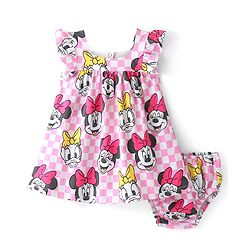 Babyhug Disney Cotton Jersey Knit Frill Sleeves Frock with Bloomer Minnie Mouse Print- Pink