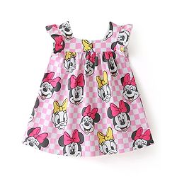 Babyhug Disney Cotton Jersey Knit Frill Sleeves Frock with Bloomer Minnie Mouse Print- Pink