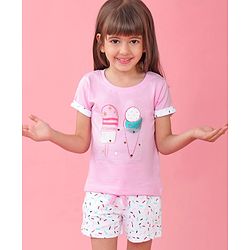Babyhug Single Jersey Half Sleeves Shorts Night Suit Ice Cream Print - Pink