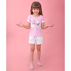 Babyhug Single Jersey Half Sleeves Shorts Night Suit Ice Cream Print - Pink