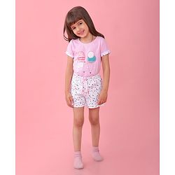 Babyhug Single Jersey Half Sleeves Shorts Night Suit Ice Cream Print - Pink