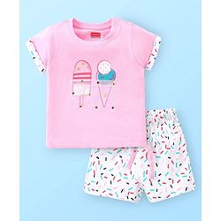 Babyhug Single Jersey Half Sleeves Shorts Night Suit Ice Cream Print - Pink