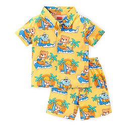 Babyhug Single Jersey Half Sleeves Shorts Night Suit Bear Print - Yellow