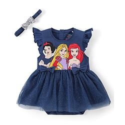 Babyhug Disney Interlock Knit Frill Sleeves Frock Style Onesie with Bow & Head Band Disney Princess Graphics - Navy Blue