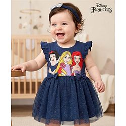 Babyhug Disney Interlock Knit Frill Sleeves Frock Style Onesie with Bow & Head Band Disney Princess Graphics - Navy Blue