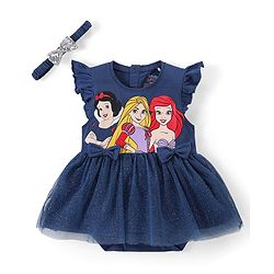 Babyhug Disney Interlock Knit Frill Sleeves Frock Style Onesie with Bow & Head Band Disney Princess Graphics - Navy Blue