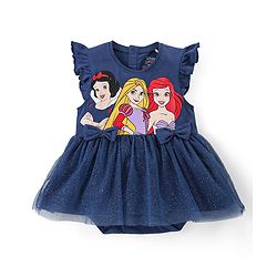Babyhug Disney Interlock Knit Frill Sleeves Frock Style Onesie with Bow & Head Band Disney Princess Graphics - Navy Blue