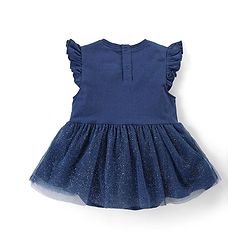 Babyhug Disney Interlock Knit Frill Sleeves Frock Style Onesie with Bow & Head Band Disney Princess Graphics - Navy Blue
