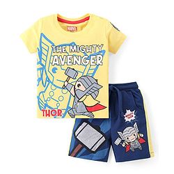 Babyhug Marvel Cotton Knit Half Sleeves T-Shirt & Shorts Set With Thor Graphics - Yellow & Blue