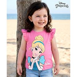 Babyhug Disney Cotton Frill Sleeves Top With Disney Princess Graphics - Pink