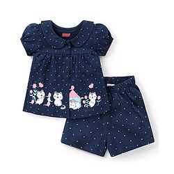 Babyhug Cotton Knit Half Sleeves Night Suit With Cat Print - Navy