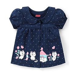 Babyhug Cotton Knit Half Sleeves Night Suit With Cat Print - Navy