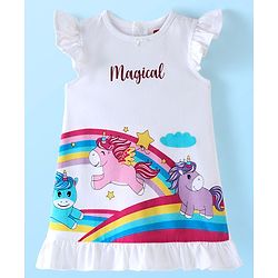 Babyhug Cotton Flutter Sleeves Nighty With Unicorn And Rainbows Print - White