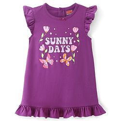 Babyhug Cotton Knit Flutter Sleeves Nighty With Floral Print - Purple