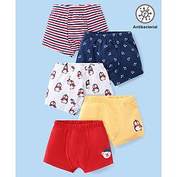 Babyhug 100% Cotton Knit Antibacterial Trunks  with Striped & Penguin Print  Pack of 5 - Red White &  Blue