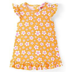 Babyhug Cotton Knit Single Jersey Frill Sleeves Nighty With Floral Print - Orange