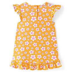 Babyhug Cotton Knit Single Jersey Frill Sleeves Nighty With Floral Print - Orange