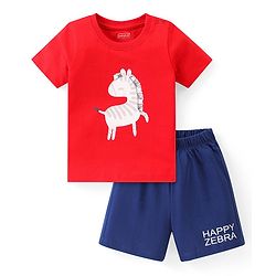 Babyhug Single Jersey Half Sleeves Shorts Night Suit Zebra Print - Red & Navy Blue