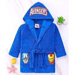 Babyhug Marvel Terry Knit Full Sleeves Hooded Bath Robe With  Pockets & Avengers Graphics - Blue