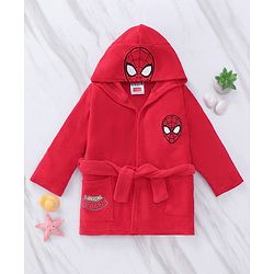 Babyhug Marvel  Terry Knit Hooded Full Sleeves Bath Robe With Pockets and Spider-Man Graphics - Red