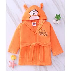 Babyhug Disney  Terry Knit Hooded Full Sleeves Bath Robe With Pockets and Winnie the Pooh Graphics - Orange