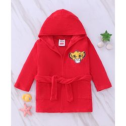 Babyhug Disney  Terry Knit Hooded Full Sleeves Bath Robe With Pockets and Front & Back Lion King Graphics - Red